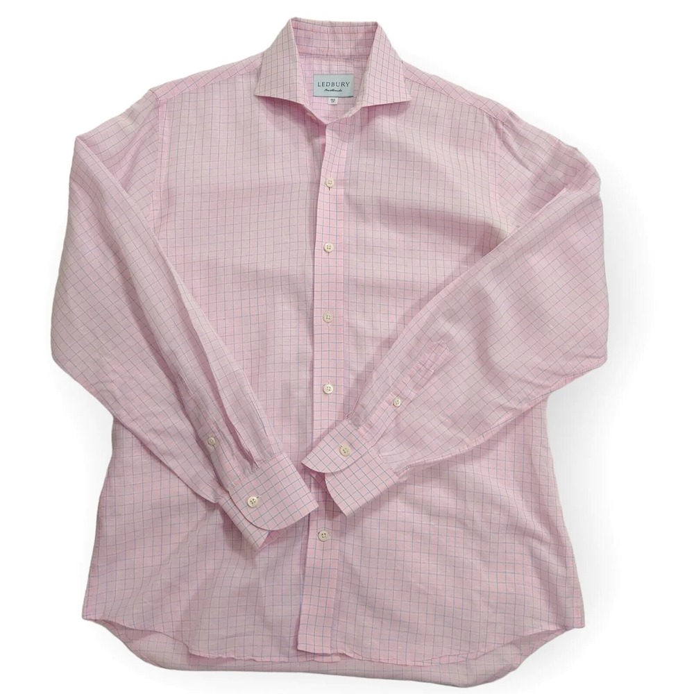 Ledbury Shirt Mens 15.5 34 Pink Blue Check Slub Cotton Button Up Dress Shirt